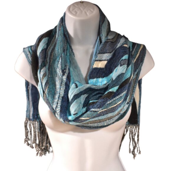 Tolani Blue Black Colorful Long Fringe Scarf - Picture 3 of 10